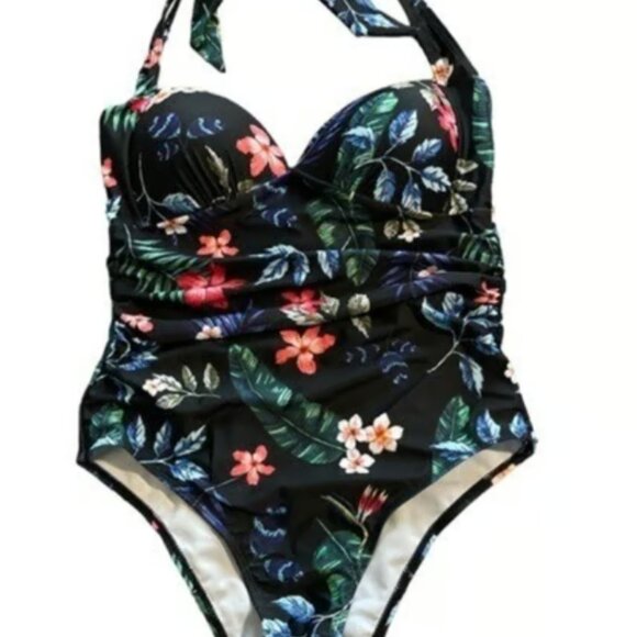 Shein Halter Black Floral Sweetheart Neck Swimsuit Size Small M-304 - Picture 1 of 4